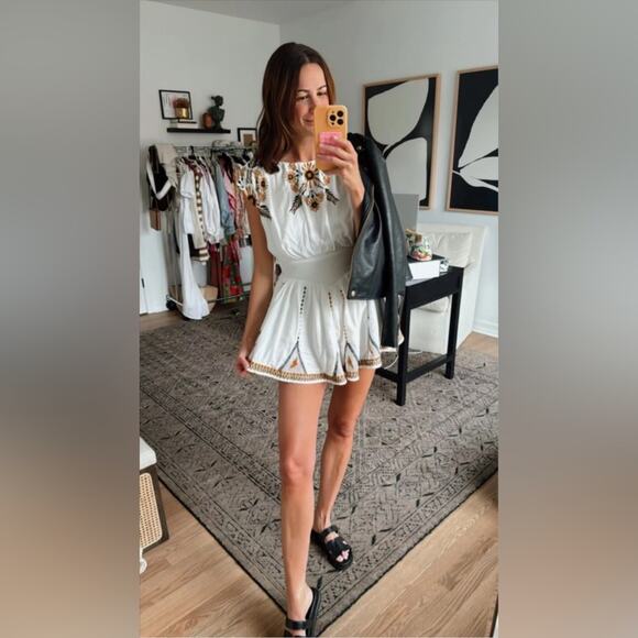 Free People Floral Embroidered Smocked Tie Back Catalina Romper Ivory Combo S - Picture 10 of 14